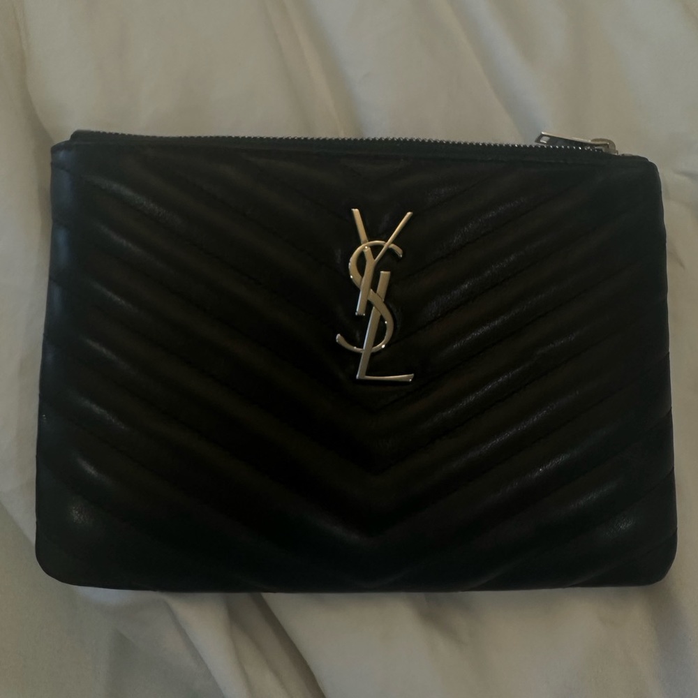 MONOGRAM YSL SMALL CHEVRON QUILTED ZIP-TOP POUCH BAG - SILVER HARDWARE, BLACK